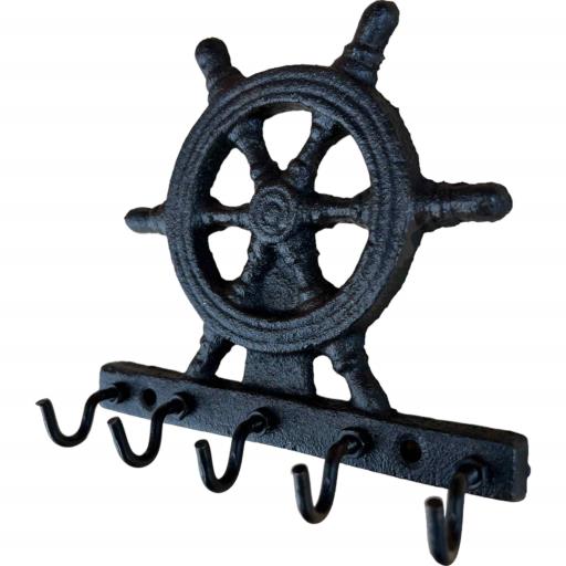 Cast Iron Rustic Metallic Dark Brown Wall Mount Ship'S Wheel Key Holder & Hooks