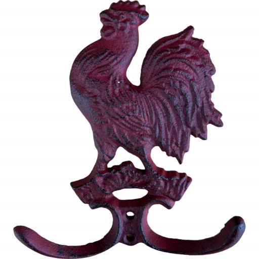 Cast Iron Rustic Metallic RED Rooster Double Wall Mount Key Towel HAT Or Cloth Hook/ Cloth Hanger
