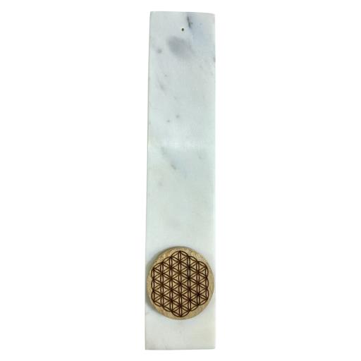 Ash Catcher White Marble With FLOWER Of Life Acacia Wood Disc