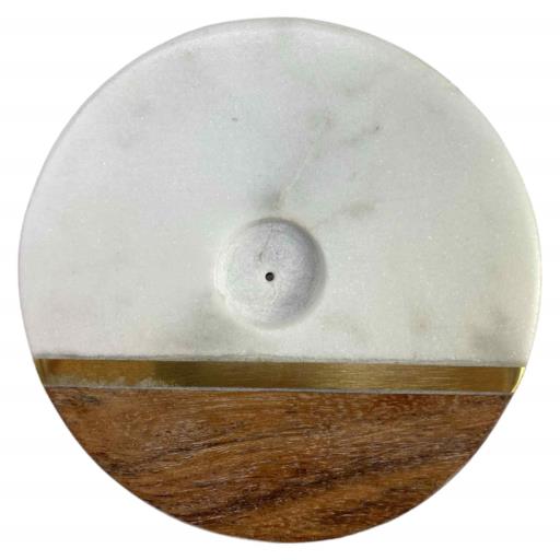 Round Ash Catcher White Marble & Acacia Wood Incense & Cone Burner With Brass Strip Inlay