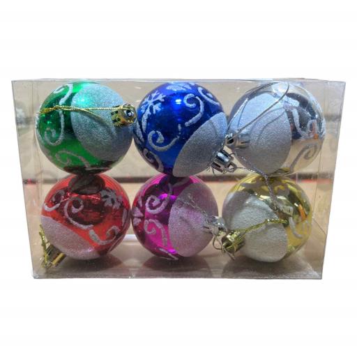CHRISTMAS Balls 6 In Box Asst. 6 Red Silver Purple Gold Blue Green