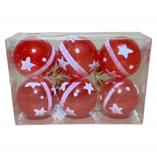 CHRISTMAS Balls With Stars 6 In Box Asst. 6 Red Silver