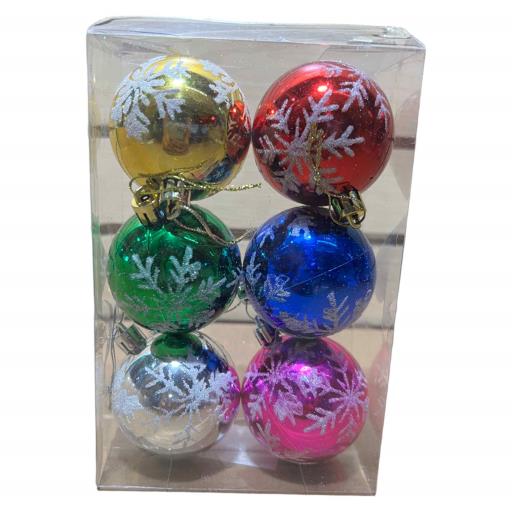 CHRISTMAS Balls With Snowflake 6 In Box Asst. 6 Red Blue Pink Silver Gold Green