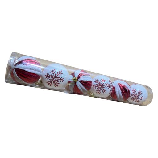 CHRISTMAS Balls With Snowflake And Line Pattern 6 In Box Red White