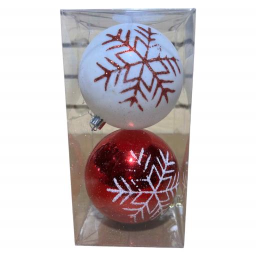 CHRISTMAS Balls With Snowflake 2 In Box Red White