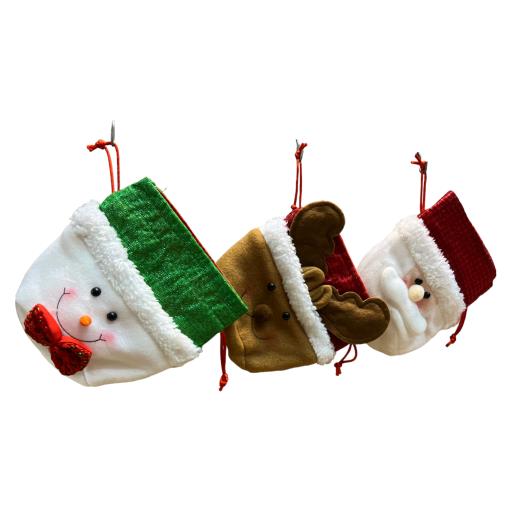 CHRISTMAS Gift Bag With Draw String Asst. 3SantaSnow Man Reindeer RedWhite Brown