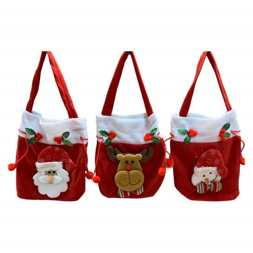 CHRISTMAS Gift Bag With Draw String Asst. 3SantaSnow Man Reindeer RedWhiteBrownGreen