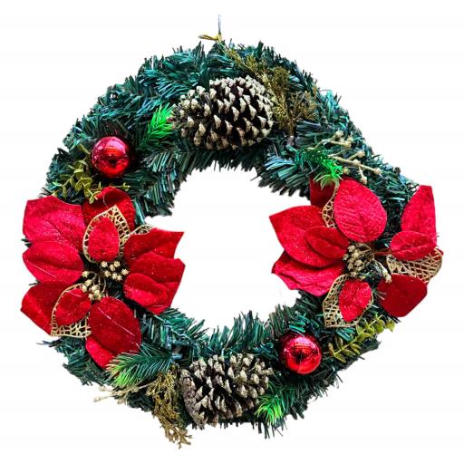 CHRISTMAS Wreath Poinsettias With Pine Cones Green Red Brown