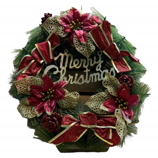 CHRISTMAS Wreath Poinsettias With Pine Cones And Bows Green Red Brown