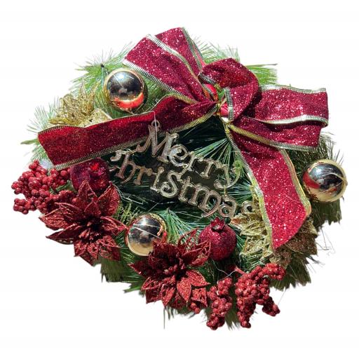 Christmas Wreath Poinsettias With Pine Cones Green Red Brown GOLD