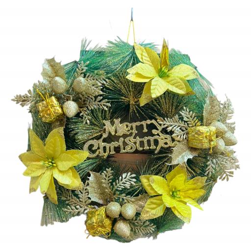 CHRISTMAS Wreath Poinsettias With Pine Cones And Bow Green Red Brown