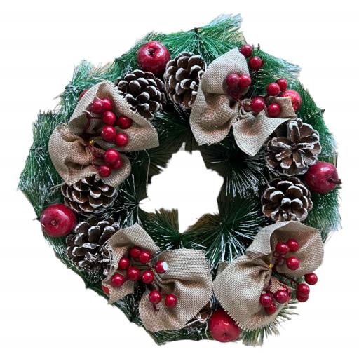 CHRISTMAS Wreath Red Berry With Pine Cones And Burlap Bow Green Red Brown