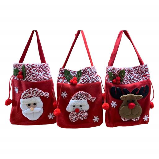 CHRISTMAS Gift Bag With Handle Asst.3 Santa Snow Man Raindeer Red White Brown