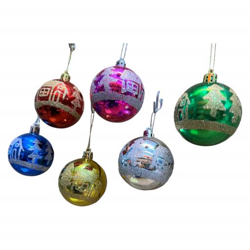 CHRISTMAS Balls 6House And Trees PinkBlue Silver Green Red Gold
