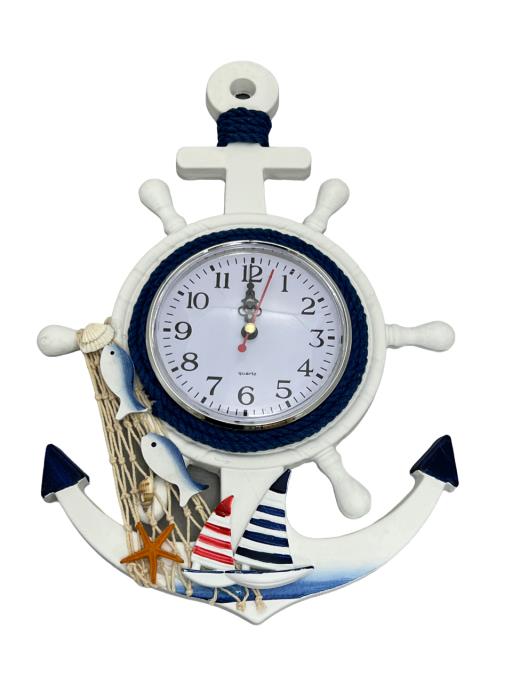 Hanging CLOCK Anchor And Ship Wheel Shape With FishnetStarfishSeashell Fish And Sailboat