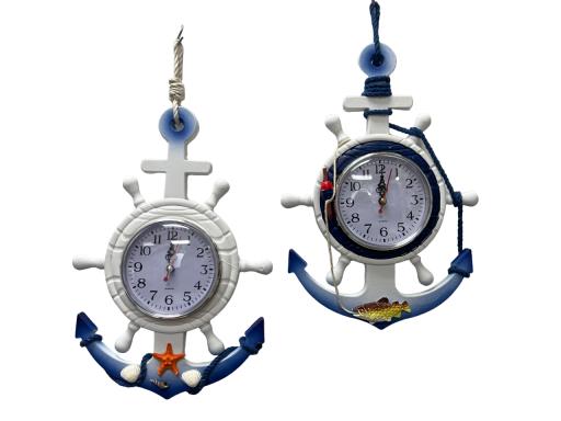 Rope Hanging CLOCK Anchor And Ship Wheel Shape Asst. 2 With Buoys Fish And Starfish White Navy Blue