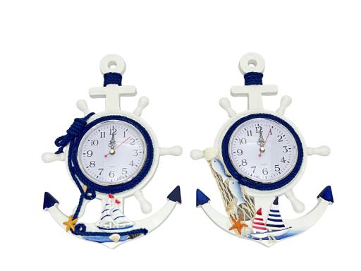 Hanging Clock Anchor And Ship Wheel Shape Asst. 2 With Sailboat FISHING Net Rope And Fish White Navy