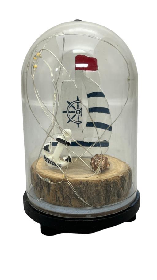 Led Ship In A GLASS Dome With Lights Welcome Anchor & Seashell Asst.2