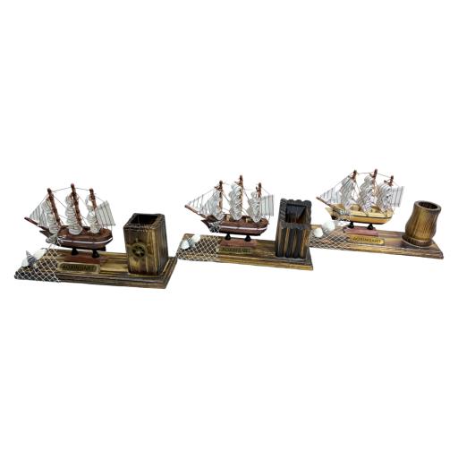 Three Masts Ship With PEN Holder Blue Brown White