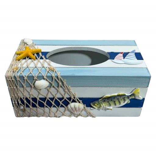 Tissue Box With FISHING Net  Sea Shell And Fish Navy Blue Light Blue White