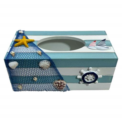 Tissue Box With FISHING Net  Sea Shell Starfish And Sailboat Light Blue White
