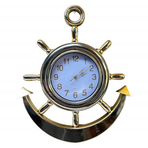 Hanging Clock Anchor And Ships' Wheel GOLD White