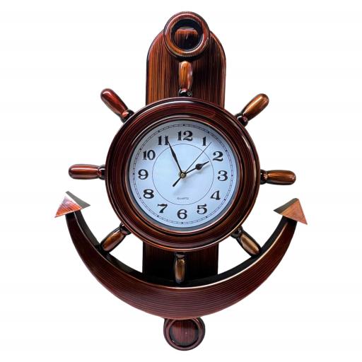 Hanging CLOCK Anchor And Ships' Wheel Brown White