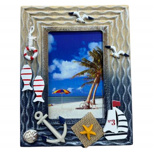 Picture FRAME 4X6 Fish Anchor Starfish Sailboat And Seagull Navy Blue Brown
