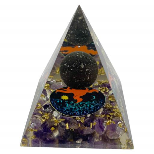 AMETHYST Chips Orgonite Nubian Pyramid With Black Gemstone Ball Inside