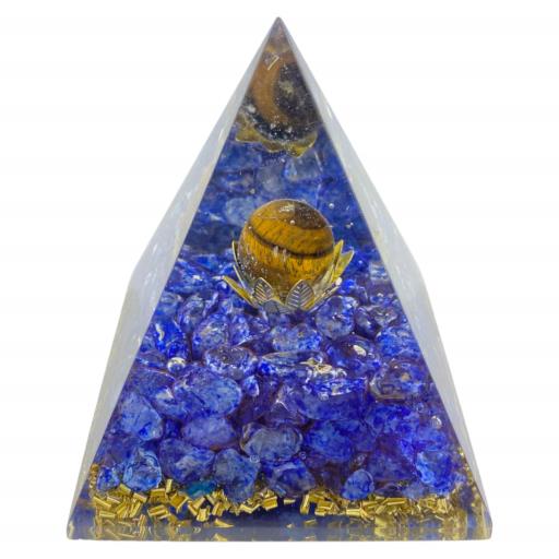 Lapis Lazuli Onyx Orgonite Nubian Pyramid With Tiger Eye Gemstone Ball On The Lotus Leaf