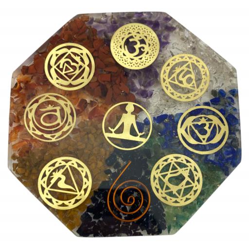 Octagon Shape Orgone Coaster Engraved With Seven Chakra Symbols